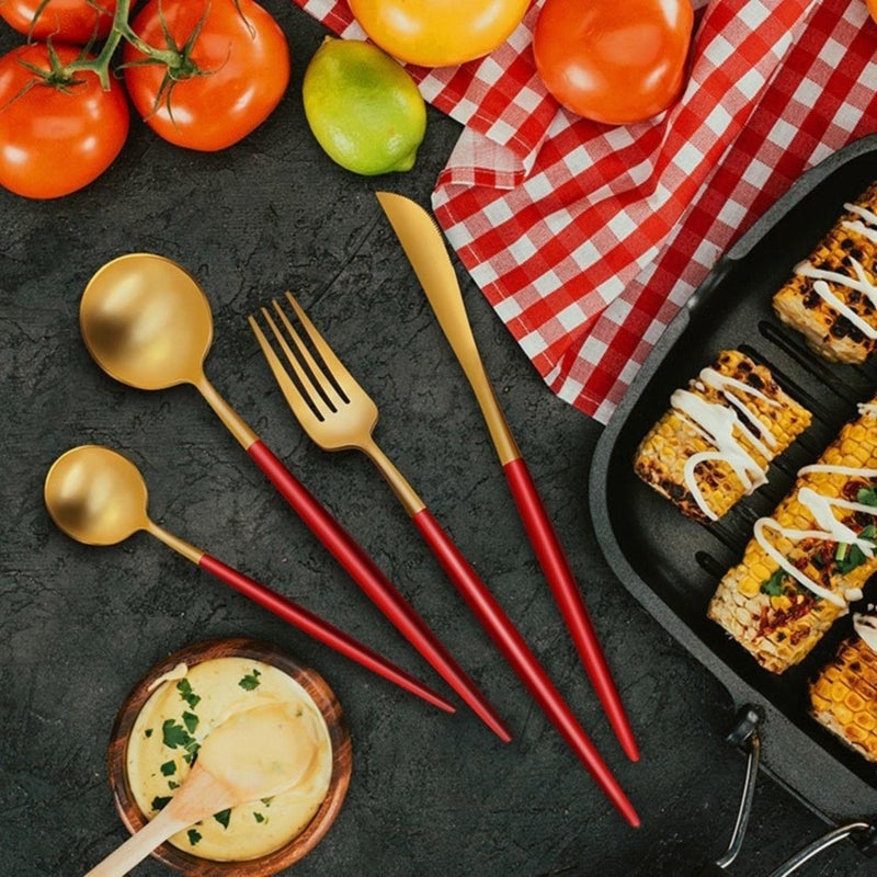 OLWICK Set of 4 Stainless Steel Cutlery Set of Spoon Fork Knife with Handle Contains Table Spoon Tea Spoon Fork Knife GoldRED - Image 2