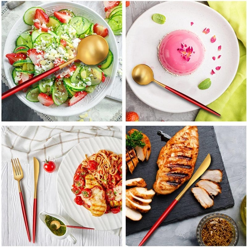 OLWICK Set of 4 Stainless Steel Cutlery Set of Spoon Fork Knife with Handle Contains Table Spoon Tea Spoon Fork Knife GoldRED - Image 5