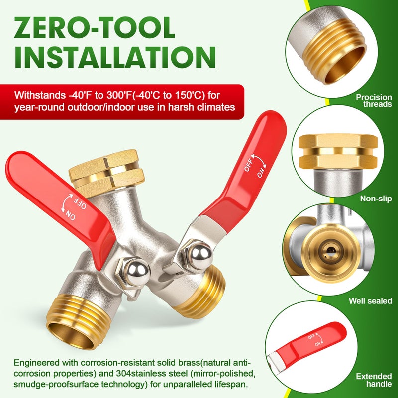 DINGBAI Hose Splitter 2 Way, High Flow Garden Hose Splitter, 3/4â€ Ght Inlet Brass Heavy Duty Hose Converter, Full Flow water 2 Way Faucet hose splitter, Long Handle Hose Valve Large Outlet. - Image 4