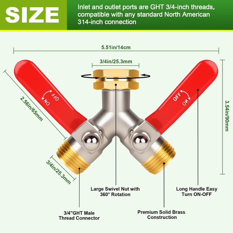 DINGBAI Hose Splitter 2 Way, High Flow Garden Hose Splitter, 3/4â€ Ght Inlet Brass Heavy Duty Hose Converter, Full Flow water 2 Way Faucet hose splitter, Long Handle Hose Valve Large Outlet. - Image 3