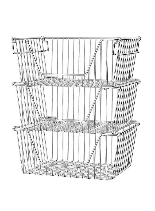 Slideep Large Stackable Storage Baskets Cabinet Organizer Sturdy Metal Wire Pantry Freezer Bin for Pantry Home Bathroom Kitchen Organization 3 Packs - Image 1