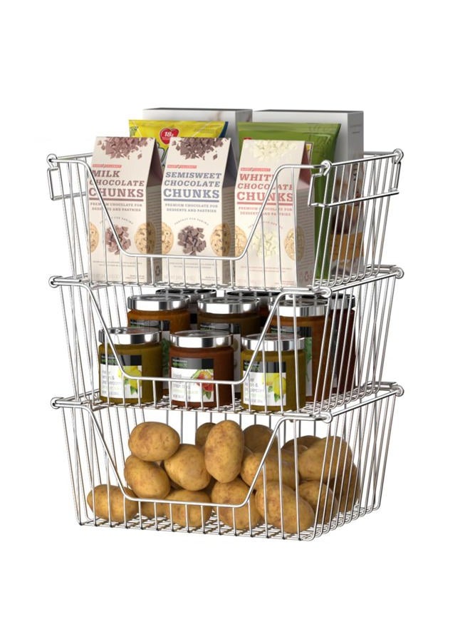 Slideep Large Stackable Storage Baskets Cabinet Organizer Sturdy Metal Wire Pantry Freezer Bin for Pantry Home Bathroom Kitchen Organization 3 Packs - Image 2