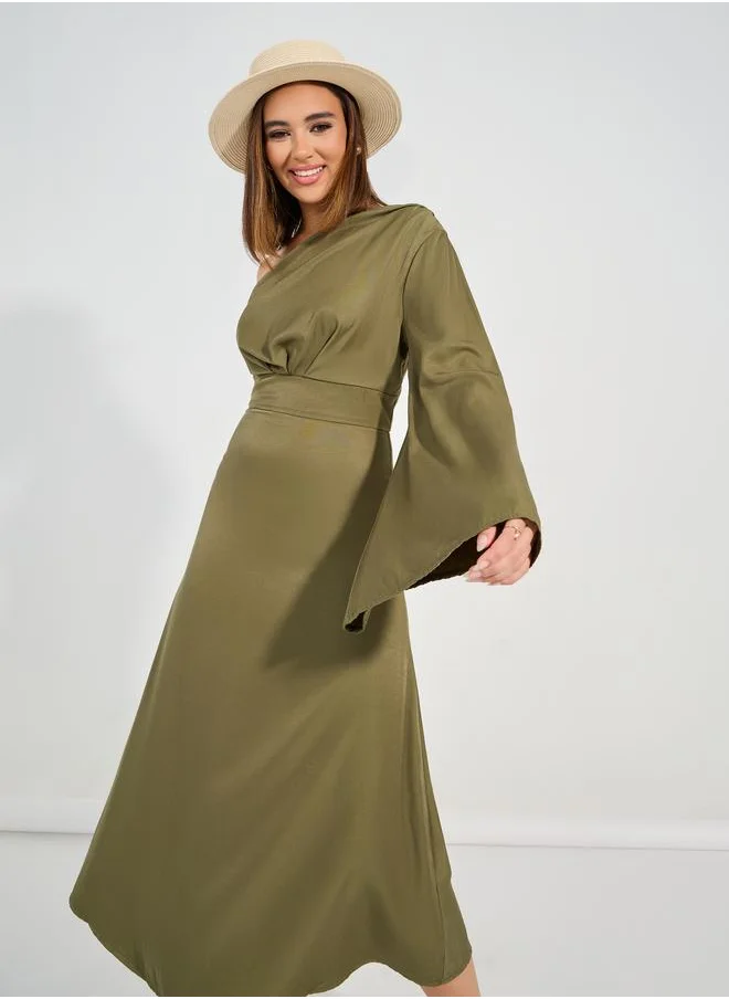 Causey One Shoulder Neck A-Line Midi Dress by Styli