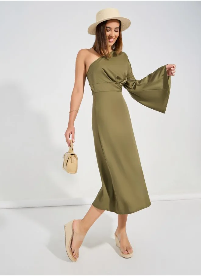 Causey One Shoulder Neck A-Line Midi Dress by Styli