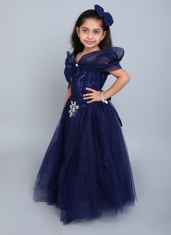 PinkChick Navy Blue Off-Shoulder Gown Dress for Girls - Image 4