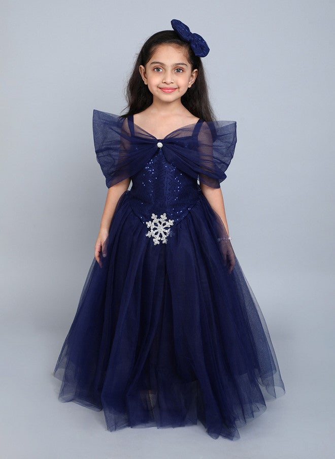 PinkChick Navy Blue Off-Shoulder Gown Dress for Girls - Image 1