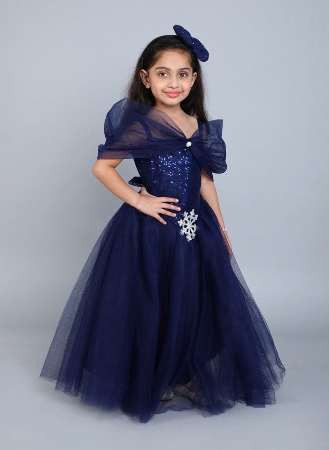 PinkChick Navy Blue Off-Shoulder Gown Dress for Girls - Image 3