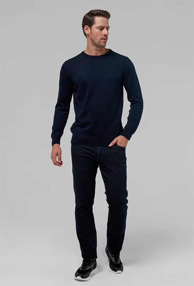 D'S DAMAT Regular Fit Navy Blue Plain Knitted Sweater 9HF060632004D