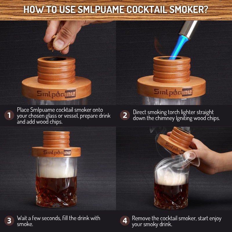 Smlpuame Cocktail Smoker Kit, Old Fashioned Smoker Kit for Bourbon Whiskey Drink, Smoker Infuser Kit with 4 Flavors Wood Chips, Birthday Father's Day Gifts for Husband, Men, Dad - Image 4