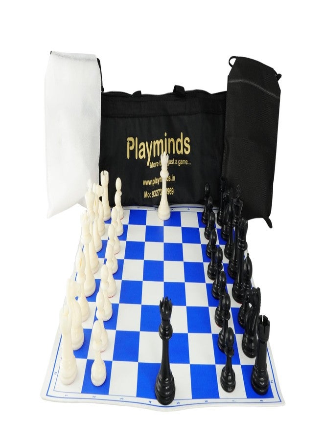 Playminds 18'' X 18'' Professional Tournament Chess Set with Blue Vinyl Foldable Chess Board Game with Solid Plastic Pieces with Extra Queens and Black Bag - Image 1