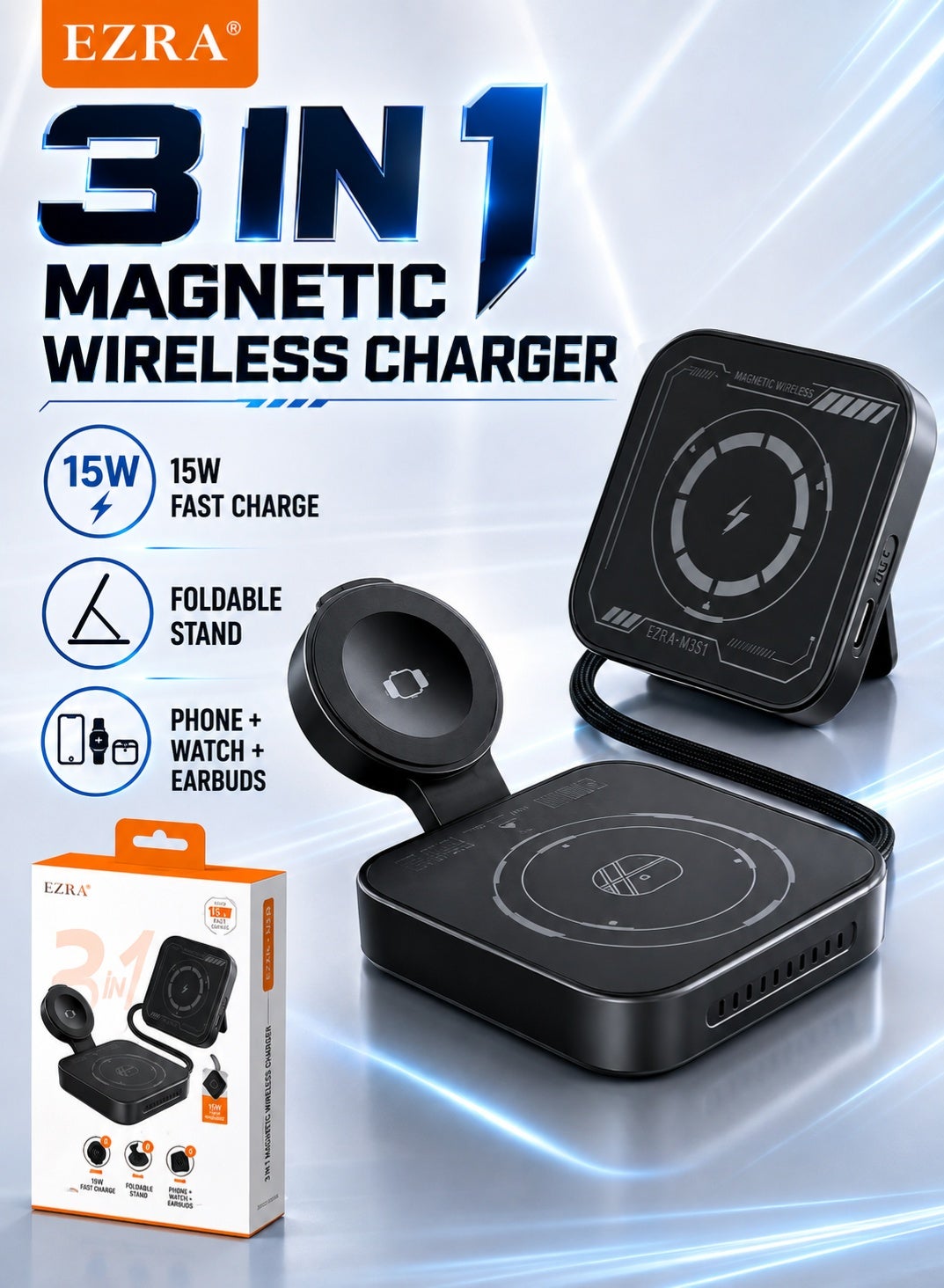 ezra Ezra 3 In 1 Wireless Charging Station Foldable Charging Stand 15W Z7A7BB4DE5819EA8BE0BDZ