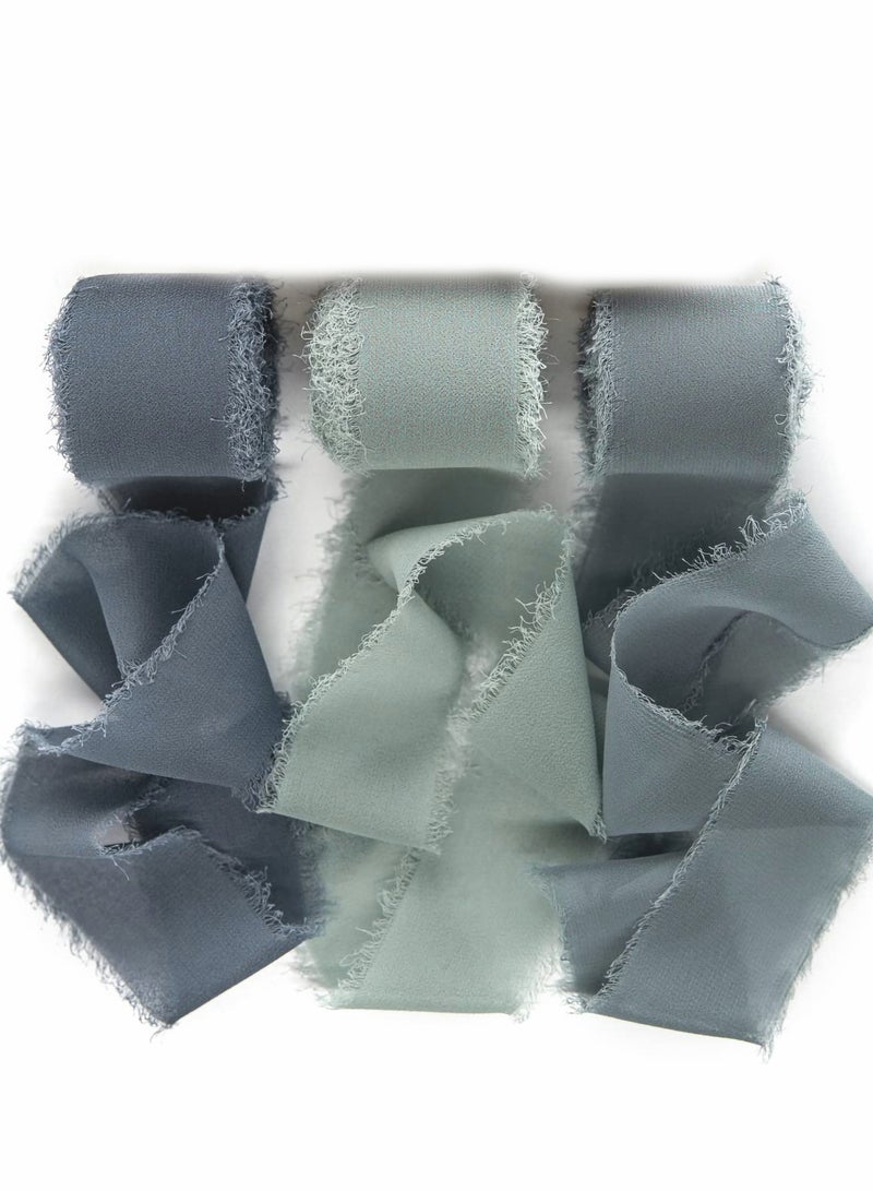 Handmade Grey Blue Chiffon Ribbon Set - 3 Rolls of 4cm x 5 Yards for Wedding Invitations, Bridal Bouquets, Gift Wrapping & DIY Crafts - Image 1