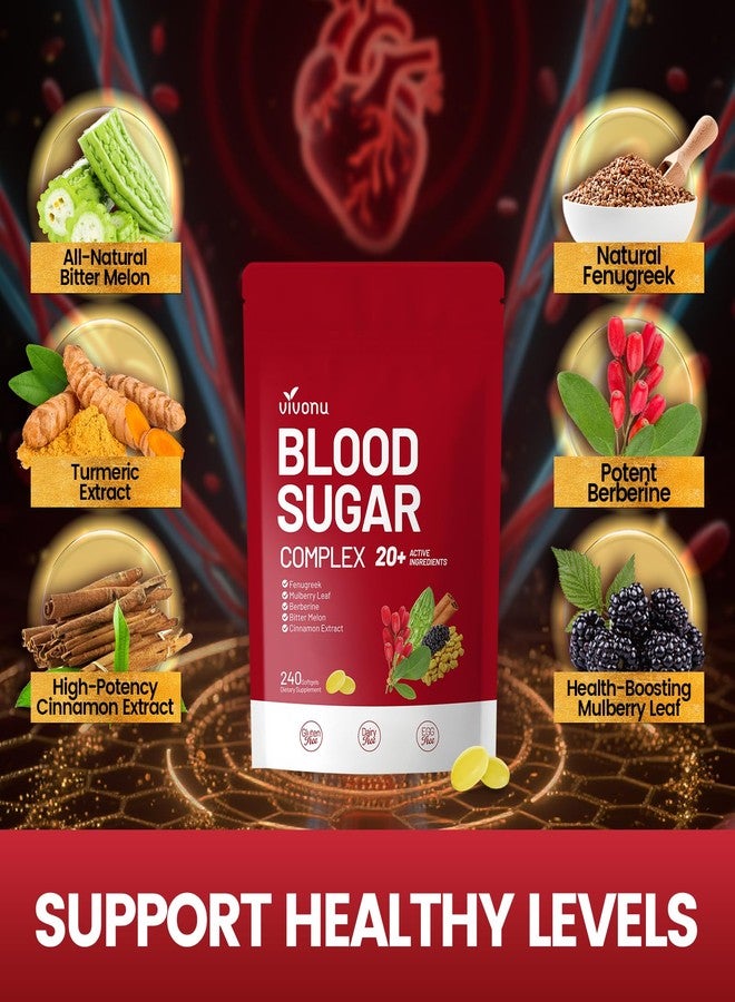 VivoNu مكمل فيفو نو لسكري الدم | تركيبة متقدمة تحتوي على 20 عشبة وفيتامينات مع القرفة، الكركم، الفلفل الأسود، العرقسوس والمزيد، نباتي، غير معدل وراثيًا، خالي من الجلوتين (240 كبسولة لينة/1 كيس) - Image 3