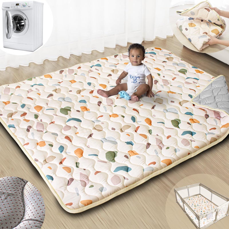Beavtaens Baby Play Mats for Floor, 71â€x59â€ Upgraded Thickness & Larger Super Soft Playmat for Babies and Toddlers, Foldable Washable, Upgrade Anti-Slip Crawling Mat for Playpen(Boho Color Blocks) - Image 1