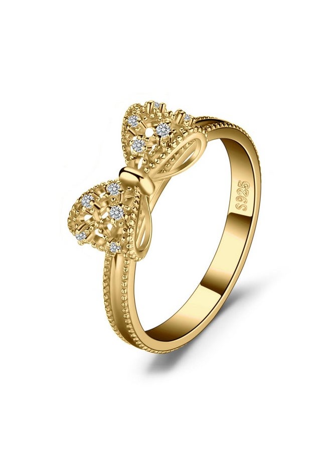 JewelryPalace - 14K Yellow Gold Plated 925 Sterling Silver Rings For Women, Cubic Zirconia Promise Rings For Her, Stackable Wedding Bands Rings For Women Bow Stacking Ring Sets Size 6 - Image 1