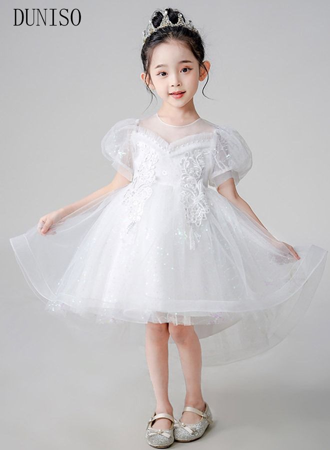 DUNISO Girls Dress Kids Short Sleeves Lace Party Dresses White Dress with Tutu Skirt Toddler Princess Birthday Party Wedding Dresses - Image 2
