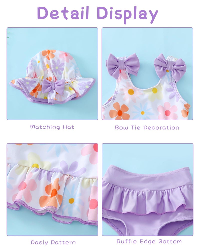 Mioglrie Baby Girl Bathing Suit Newborn Infant Swimsuit Girl 3-6 Months Two Piece Purple Floral Swimwear Summer Beach Baby Bikini Tankini Hat Outfits Set - Image 4