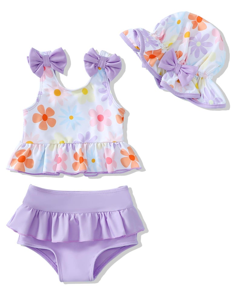 Mioglrie Baby Girl Bathing Suit Newborn Infant Swimsuit Girl 3-6 Months Two Piece Purple Floral Swimwear Summer Beach Baby Bikini Tankini Hat Outfits Set - Image 1
