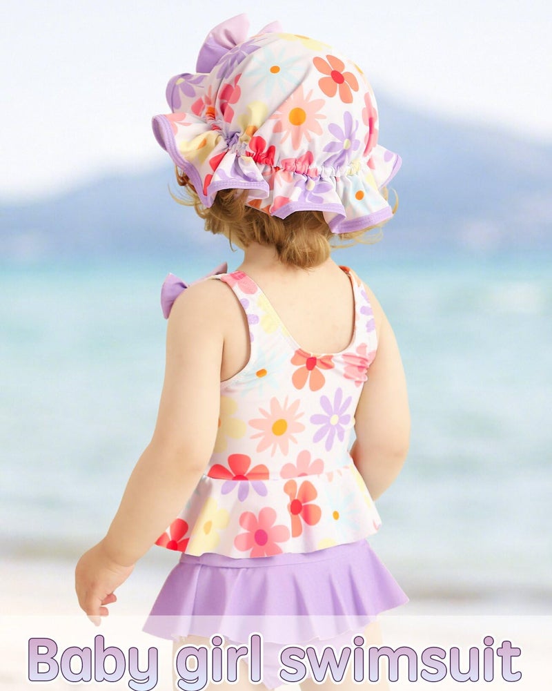 Mioglrie Baby Girl Bathing Suit Newborn Infant Swimsuit Girl 3-6 Months Two Piece Purple Floral Swimwear Summer Beach Baby Bikini Tankini Hat Outfits Set - Image 3