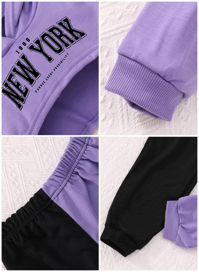 Hilinker Girls Graphic 3 Piece Outfits Workout Crop Hoodie Ribbed Tank and Sweatpants Set Purple New York 11-12 Year - Image 5