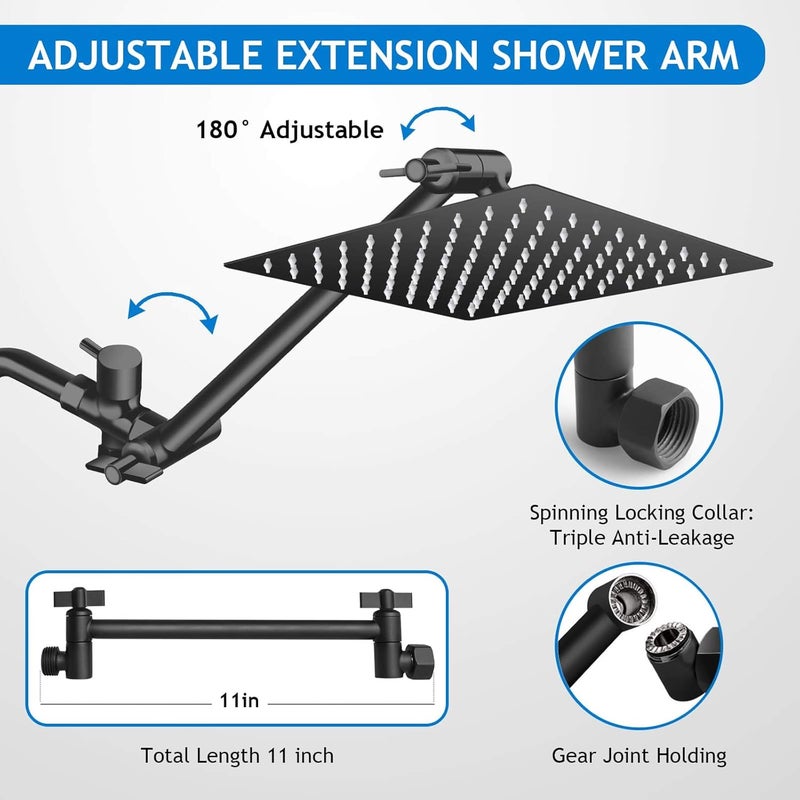 PinWin Shower Head Combo,10 Inch High Pressure Rain Shower Head with 11 Inch Adjustable Extension Arm and 5 Settings Handheld Powerful Shower Spray Against Low Pressure Water - Matte Black - Image 5