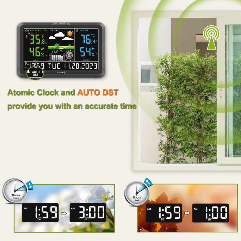 DreamSky Weather Station Indoor Outdoor Thermometer Wireless with Digital Atomic Clock for Home, Large Display with Dimmer, USB Port, Inside Outside Temperature Humidity Monitor (Plug-in) - Image 3