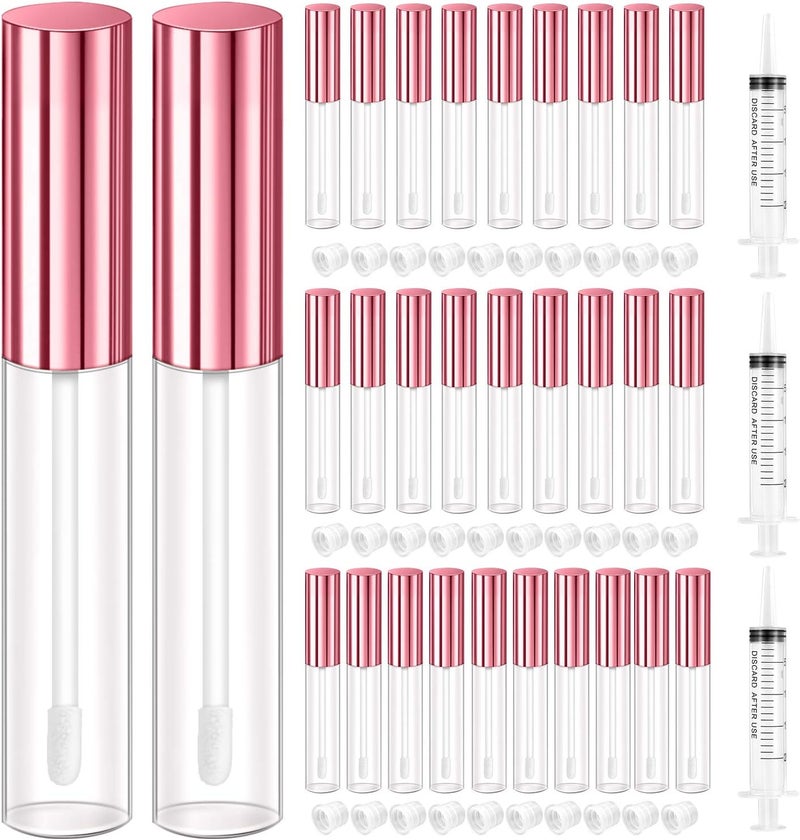 KPX 30 Pcs lip Gloss Tube Containers Bulk Wand 10ml Empty Clear Pink Lip Oil Tubes Refillable Lip Balm Bottles with Rubber Insert for DIY Makeup Such as Lip Samples Homemade Lip BalmPink