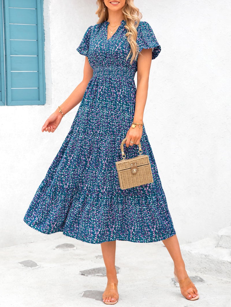 MASCOMODA Summer Maxi Dresses for Women 2026 Casual V Neck Puff Short Sleeve Smocked Flowy Beach Boho Long Floral Dress(Floral Purple Green,XX-Large) - Image 3