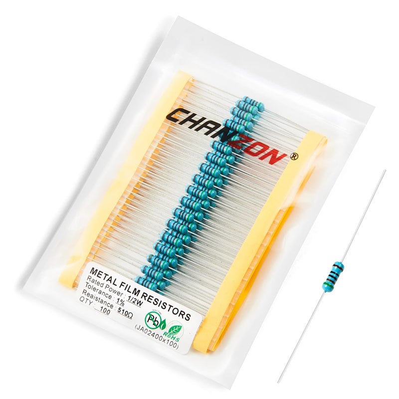 CHANZON 100pcs 1/2W (0.5W)510Ω ohm Metal Film Fixed Resistor 0.01 ±1% Tolerance 510 R MF Through Hole Resistors Current Limiting Rohs Certificated - Image 1
