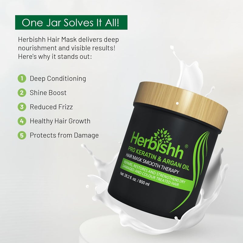 Herbishh Pro Keratin & Argan Oil Hair Mask - Deep Conditioning & Hydration for Dry, Damaged Hair - 800 ml - Image 2