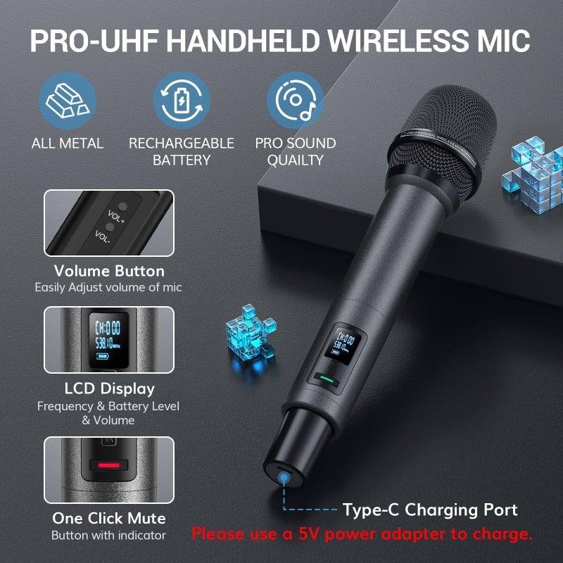TONOR Wireless Microphones, UHF Rechargeable Cordless Karaoke Mics with Box Receiver, 2x100 Channel Dynamic Microfonos Inalambricos Professional with Adjustable Volume, Quick Mute, 80 m/262ft TW550 - Image 4