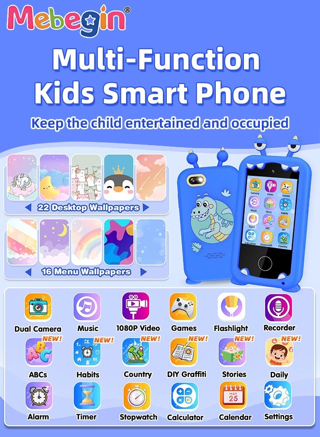 ميبيجين هاتف ذكي تعليمي للأطفال مقاس 2.8 بوصة مع بطاقة SD سعة 8 جيجابايت، وحافظة هاتف سيليكونية رائعة وحبل، ولعبة هاتف متعددة الوظائف مع كاميرا مزدوجة، وألعاب ومشغل موسيقى، ولعبة سفر إبداعية للأطفال، وهدية مثالية للأطفال من عمر 3 سنوات فما فوق، 11*6*1.5 سم - Image 2