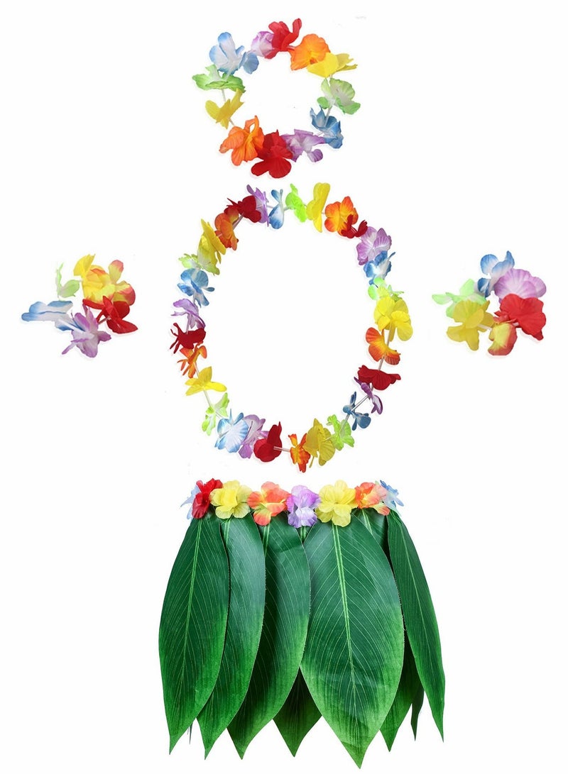 Leaf Hula Skirt, Hawaiian Leis Set Grass Skirt Hibiscus Flowers Costumes for Beach Party Barbecue Holiday Vacation - Image 1