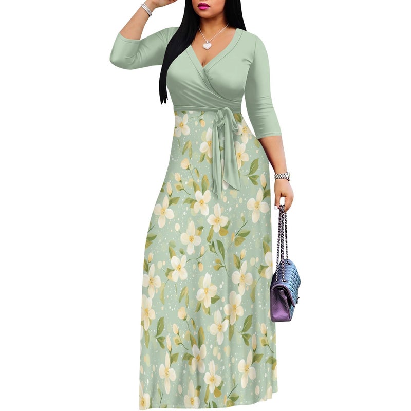 PinkPatty Womenâ€™s Plus Size Sage Green Floral Maxi Dress 3/4 Sleeve Wrap V Neck Wedding Guest Church Long Dresses with Pockets (Floral22 2XL) - Image 2