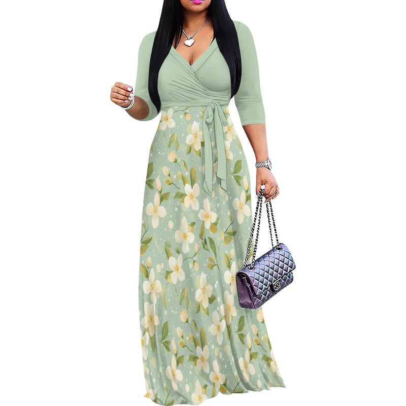 PinkPatty Womenâ€™s Plus Size Sage Green Floral Maxi Dress 3/4 Sleeve Wrap V Neck Wedding Guest Church Long Dresses with Pockets (Floral22 2XL) - Image 1