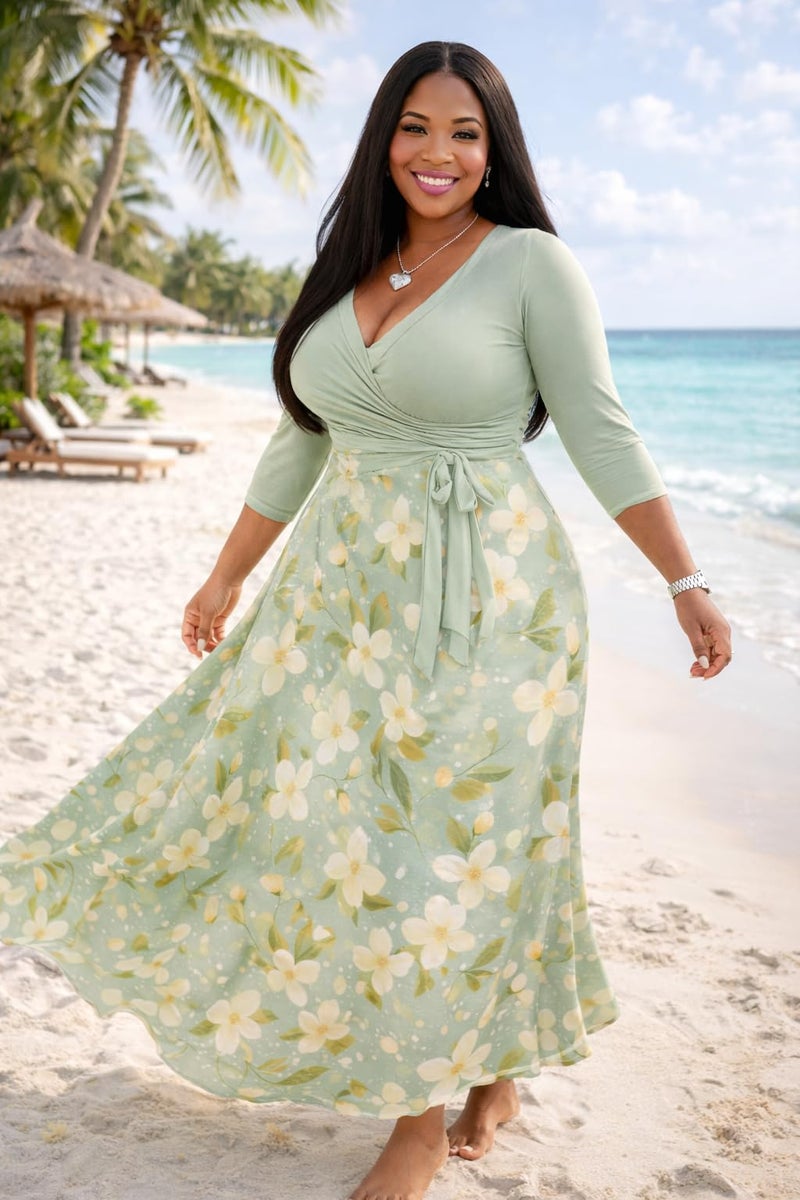 PinkPatty Womenâ€™s Plus Size Sage Green Floral Maxi Dress 3/4 Sleeve Wrap V Neck Wedding Guest Church Long Dresses with Pockets (Floral22 2XL) - Image 5