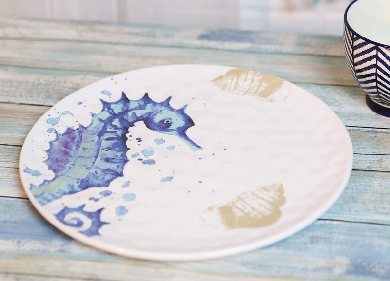 Ebros Gift Ebros Nautical Marine Coastal Sea Life Blue And White Seahorse Ceramic Dinnerware For Beach Party Hosting Kitchen And Dining Earthenware Serveware Round Dinner Plate 12D Pack Of 2 