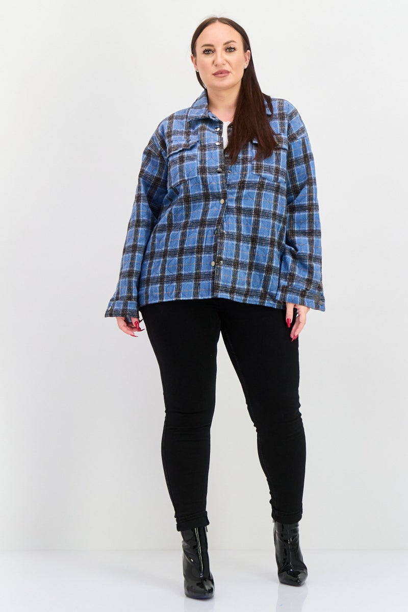 Daisy Street Women Plaid Jacket Shirt, Blue Combo - Image 4