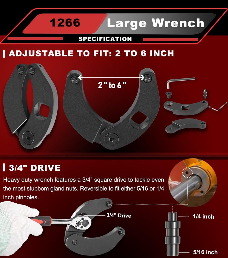 Camoo 2 pcs Adjustable Gland Nut Wrench Set 1266 & 7463 Universal Hydraulic Cylinder Spanner Wrench Adjustable, Remove & Install Gland Nuts For Most Farm and Construction Equipment - Image 4