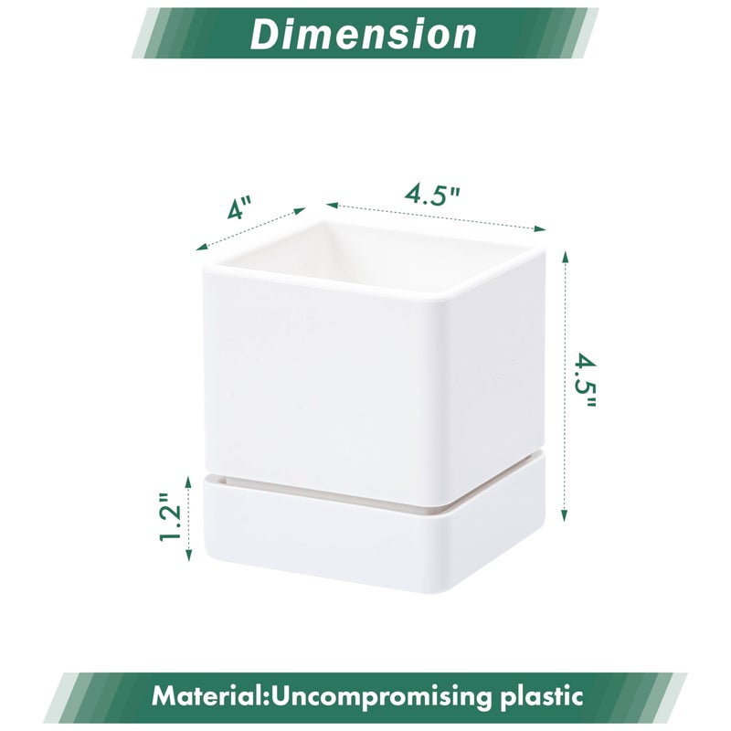 D'vine Dev 4 Inch Herb Planter Pot, Plastic Planter with Drainage Holes and Saucer, Modern Decorative Gardening Pot for Indoor Plants, Flowers, Herbs, Succulents, White, Set of 4, 76-Y-A4-1 - Image 2