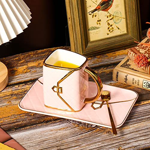 Zubebe 1 Set Coffee Mug Elegant Handbag Shaped Cup Modern Ceramic Purse Mug with Spoon and Saucer, 10oz Cute Creative Tea Cup for Office Home Woman Girls Gift (Pink) - Image 3