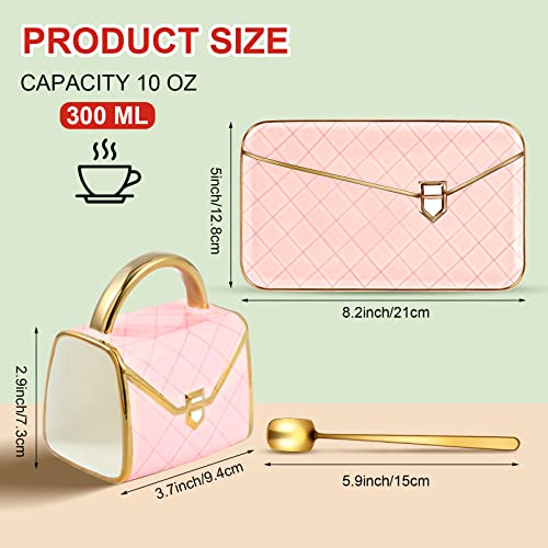 Zubebe 1 Set Coffee Mug Elegant Handbag Shaped Cup Modern Ceramic Purse Mug with Spoon and Saucer, 10oz Cute Creative Tea Cup for Office Home Woman Girls Gift (Pink) - Image 2