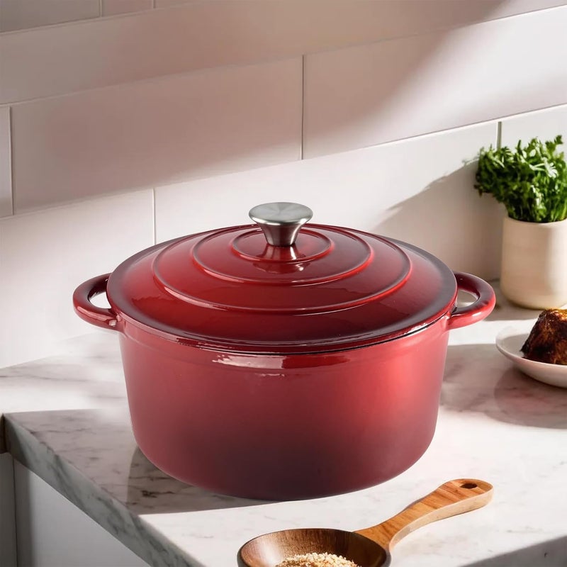 Kuber Industries Kuber Industries Enamel Coated Induction Base Hard Anodised Non Stick Cast Iron Dutch Oven with Lid Handles Cook Serve Dutch Oven Cast Iron Handi for Cooking Ombre Red  - Image 1