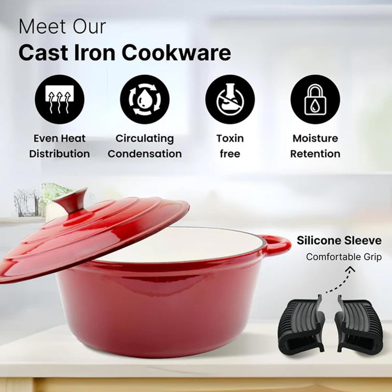 Kuber Industries Kuber Industries Enamel Coated Induction Base Hard Anodised Non Stick Cast Iron Dutch Oven with Lid Handles Cook Serve Dutch Oven Cast Iron Handi for Cooking Ombre Red  - Image 5