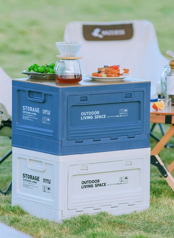 Old_Feller Outdoor Living Space Storage Box Multifunctional Outdoor Foldable Camping Table Storage Box 50L With Wooden Lid For Camping Fishing Picnic Camping Table Coffee Table Trunk Storage Blue 30x50x34cm - Image 3