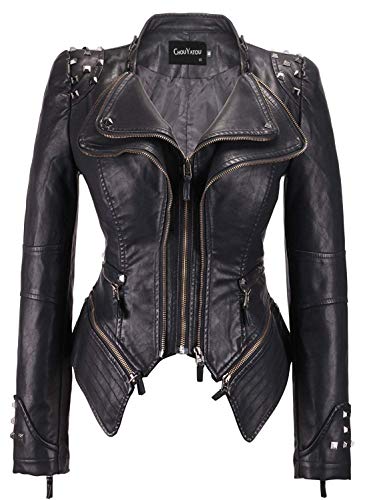 chouyatou Women's Fashion Studded Perfectly Shaping Faux Leather Biker Jacket (X-Large, Black) - Image 1