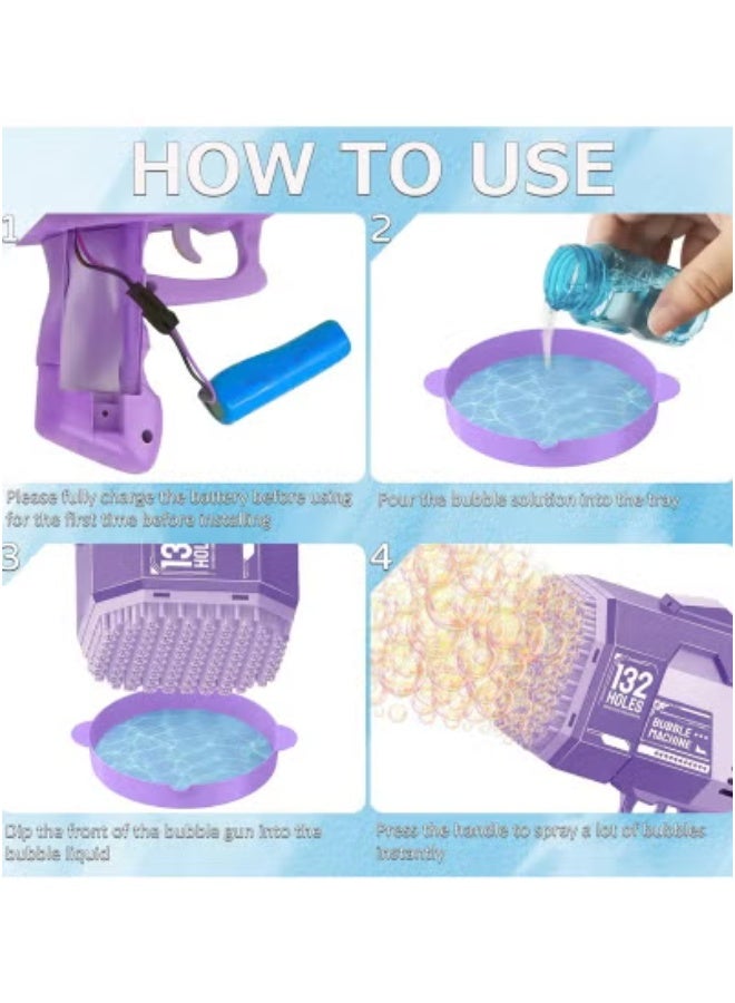 TIGER 132-Hole Bazooka Bubble Gun with Colorful LED Lights – Automatic Bubble Machine with Bubble Solution – Fun Rocket Boom Bubble Maker for Kids & Adults – Ideal for Birthdays, Weddings, Outdoor Games & Indoor Parties – High-Output Bubble Blaster in Purple - Image 3