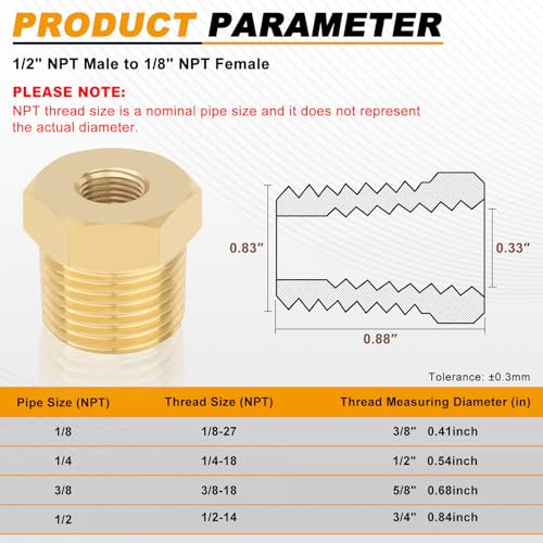 KOOTANS 4pcs Heavy Duty 1/2 NPT Male Thread to 1/8 NPT Female Thread Brass Reducer Hex Bushing Brass Fitting Pipe Hose Tube Adapter Convert - Image 2