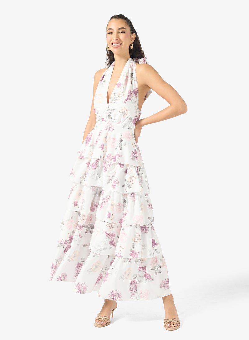Ginger Plunge Neck Floral Tiered Dress - Image 1