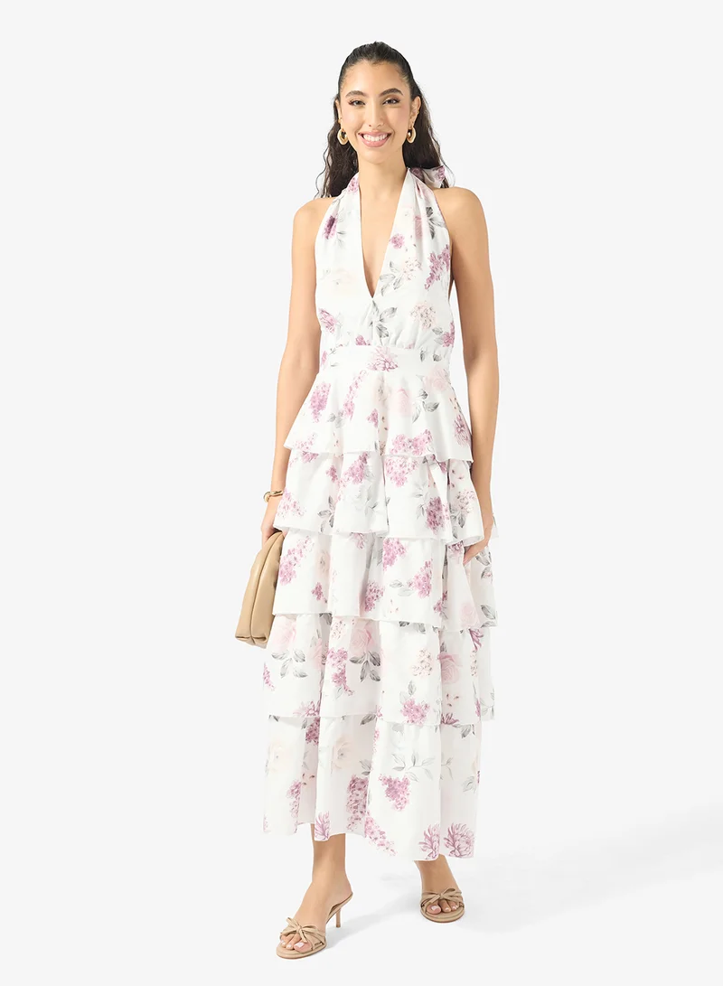 Ginger  Plunge Neck Floral Tiered Dress for Women | Best Price UAE